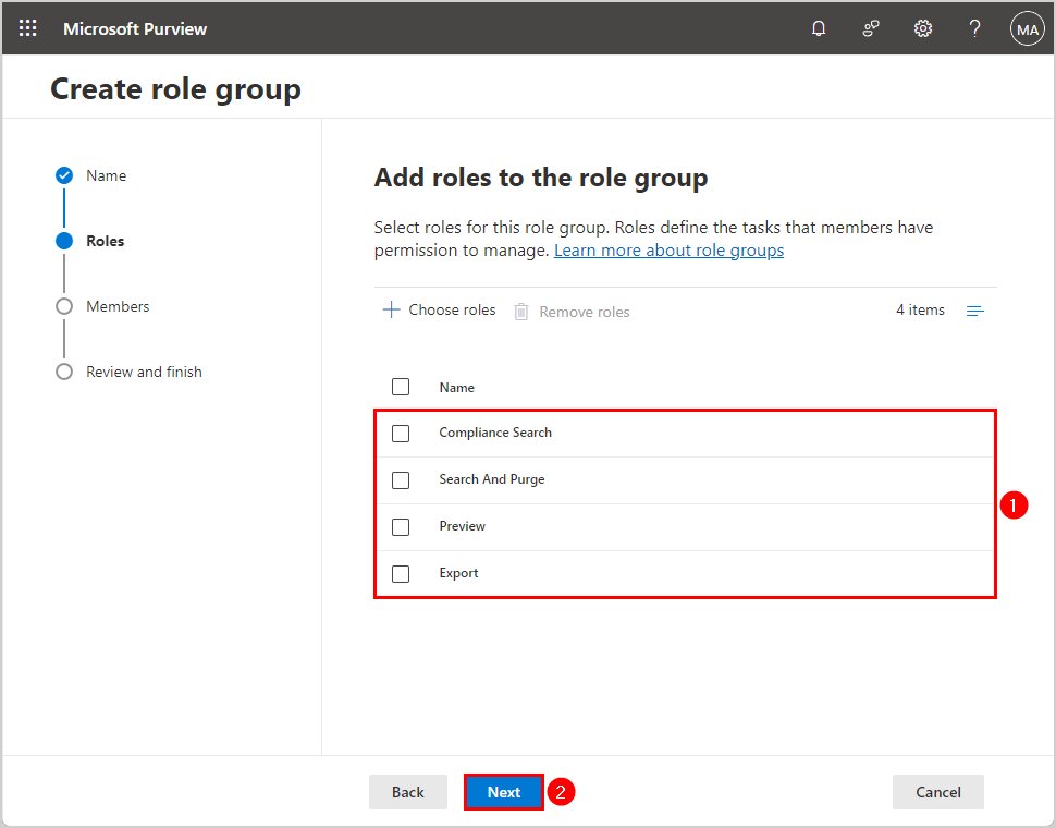 Add roles to the new role group in Microsoft Purview