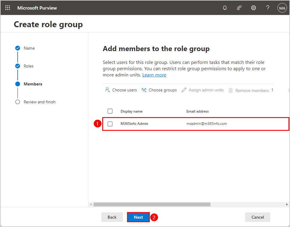 Add admin user to the role group in Microsoft Purview to delete mail items