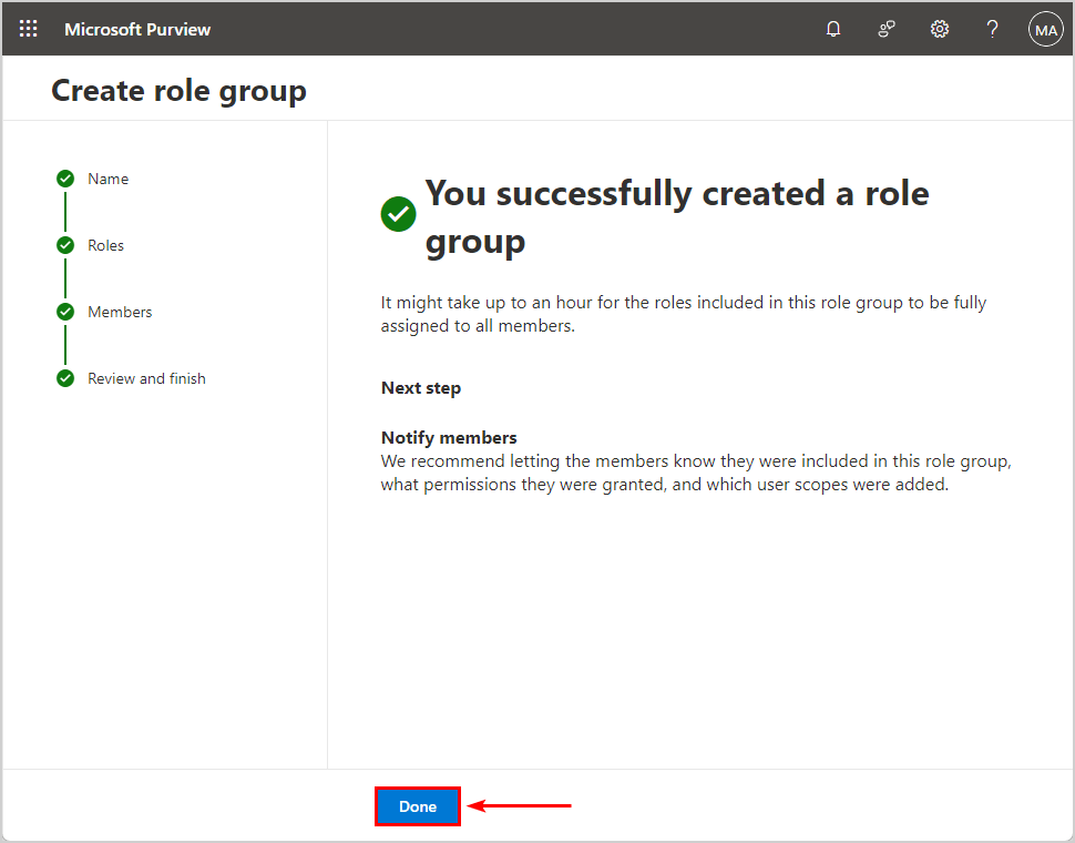Successfully create a new role group in Microsoft Purview to delete mail items
