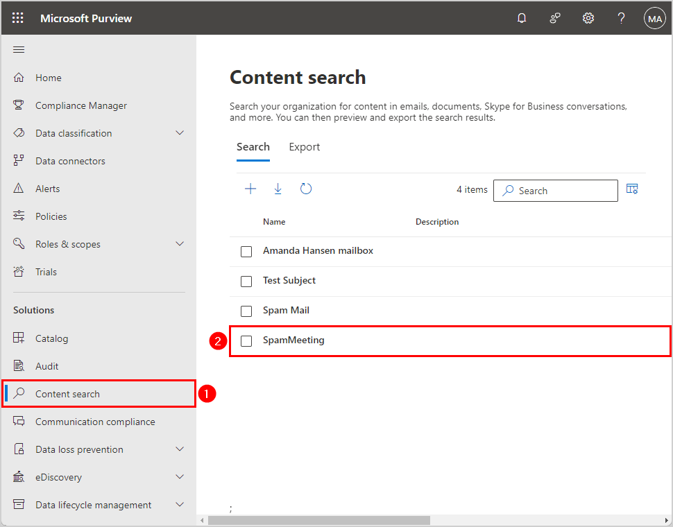 Delete the compliance search in Microsoft Purview