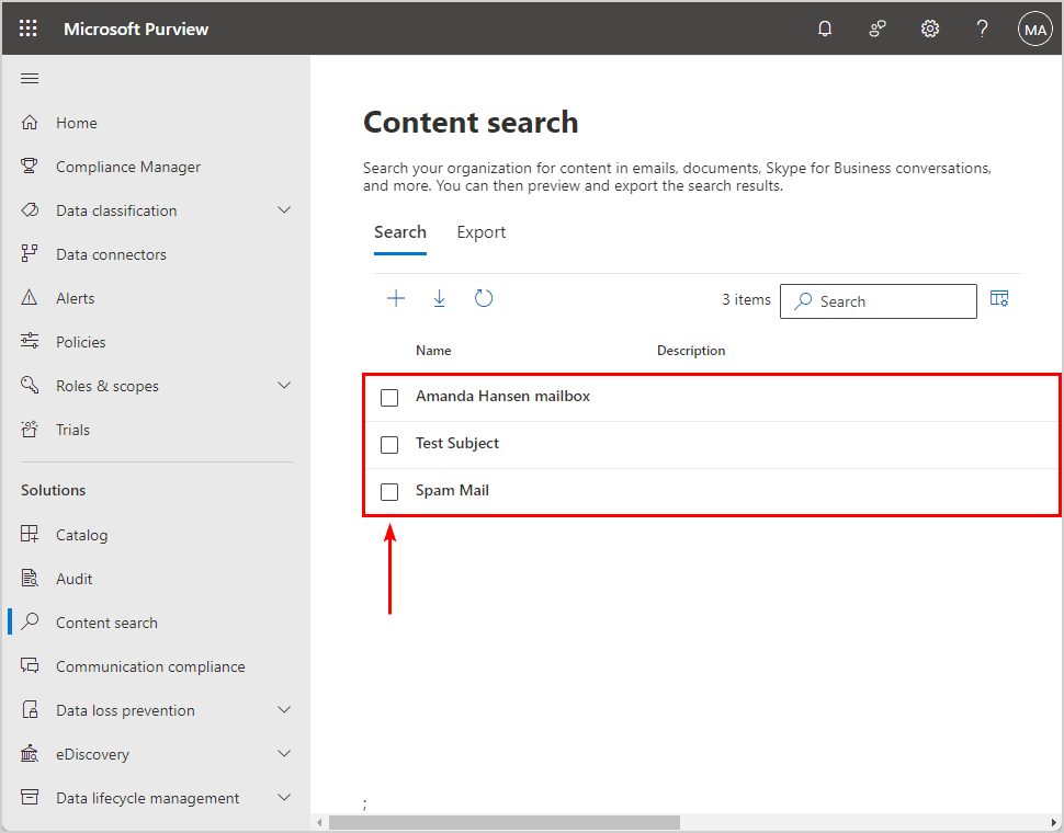 Compliance search deleted in Microsoft Purview
