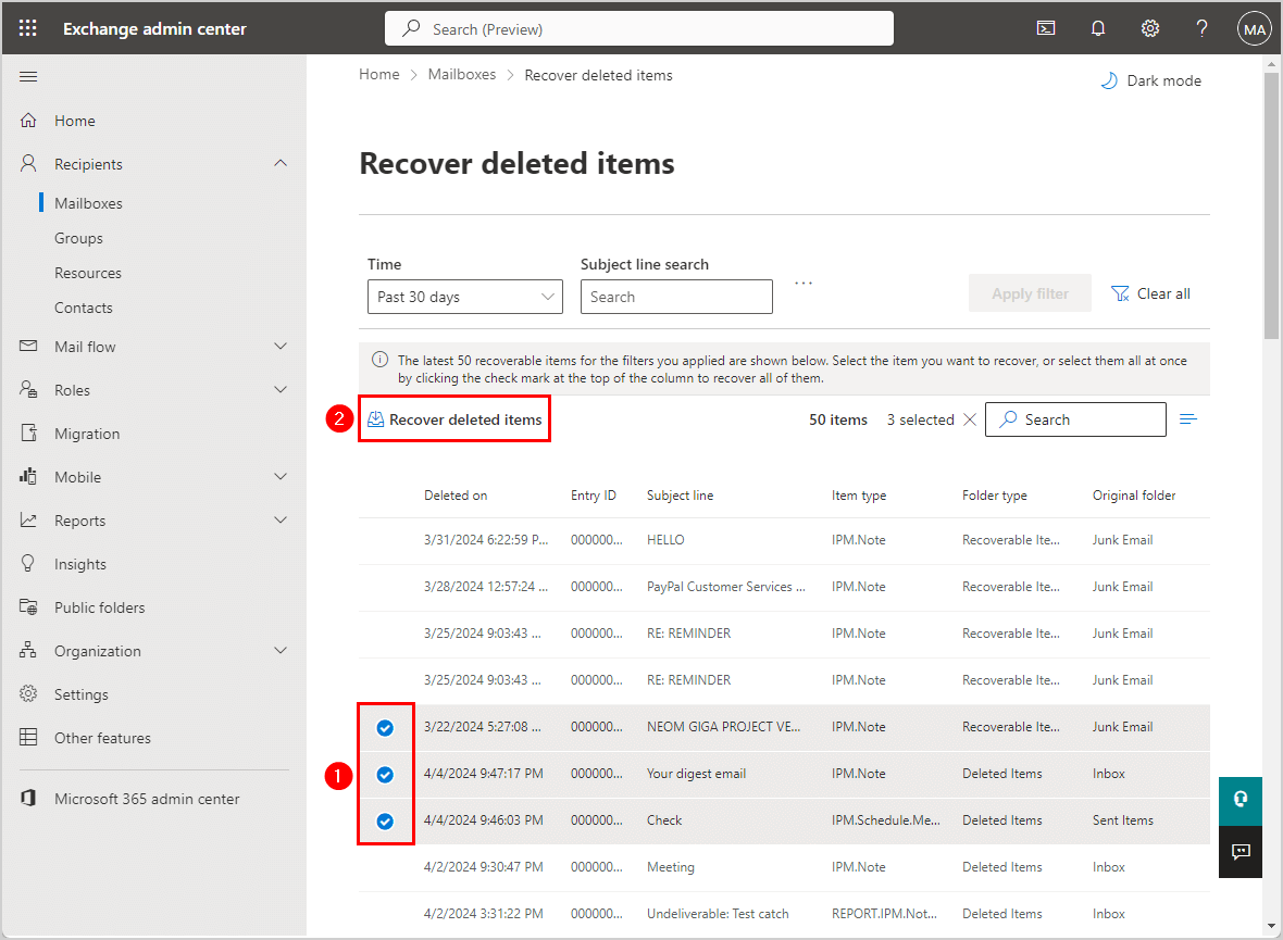 Recover deleted items from Microsoft 365 mailbox in Exchange admin center