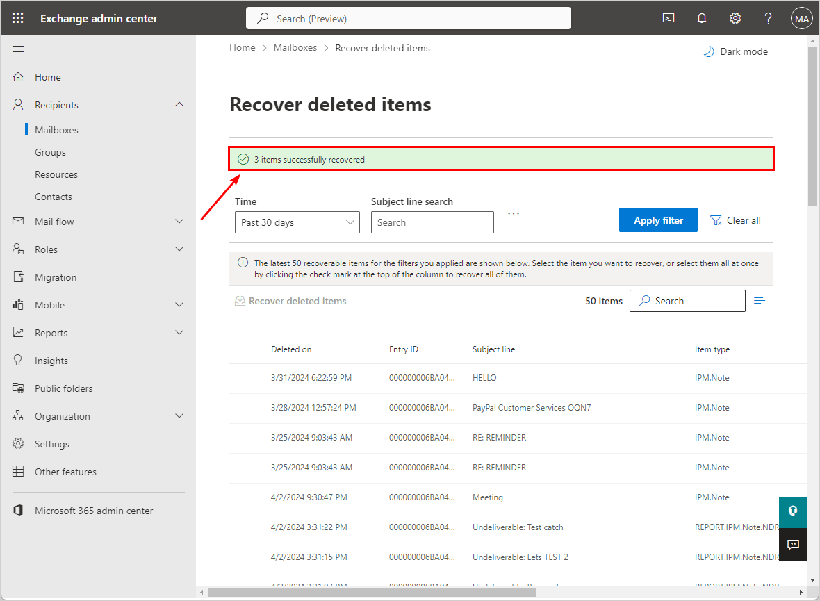 Recover deleted items from Microsoft 365 mailbox in Exchange admin center