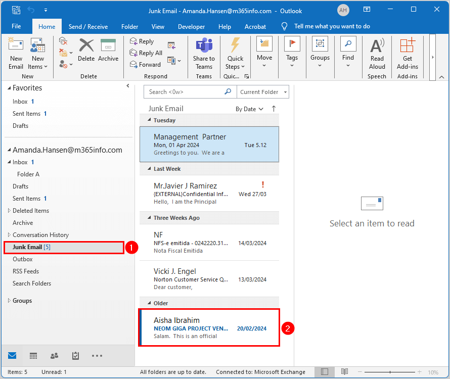 Verify recover deleted items back to original folder in Outlook