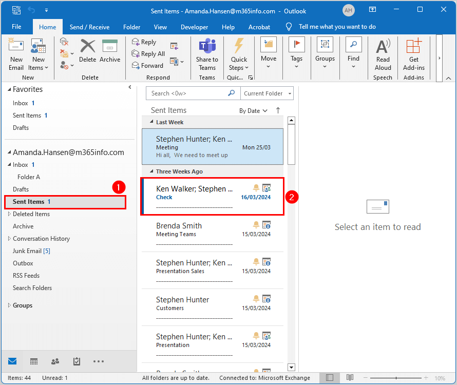 Verify recover deleted items back to original folder in Outlook
