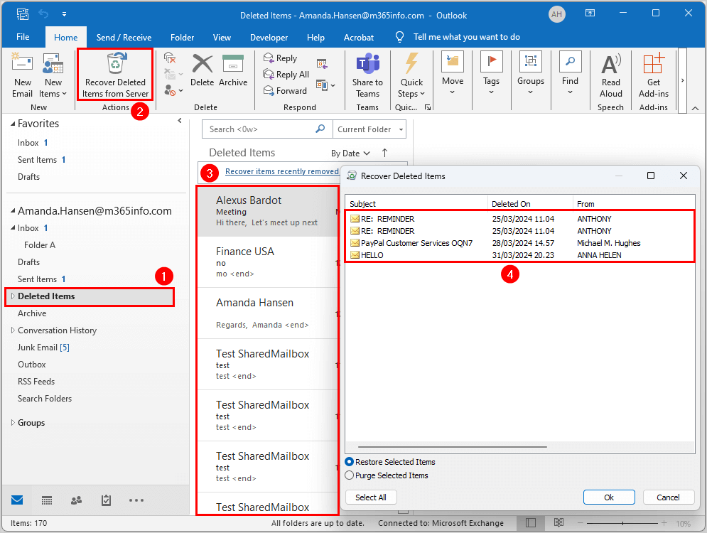 Verify no recovered items in recycle bin in Outlook