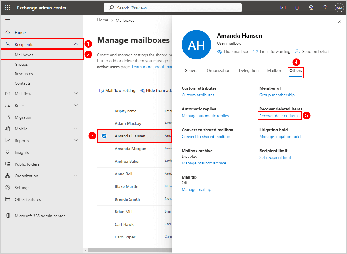 How to Recover deleted items from Microsoft 365 mailbox in EAC