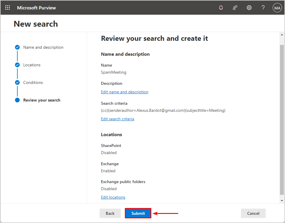 Review your content search and submit in Microsoft Purview
