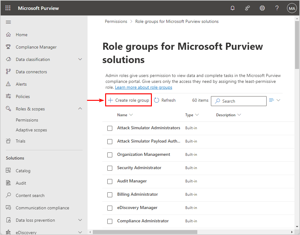 Create role group in Microsoft Purview
