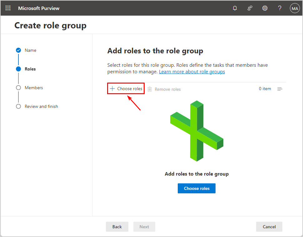 Choose roles to the role group in Microsoft Purview