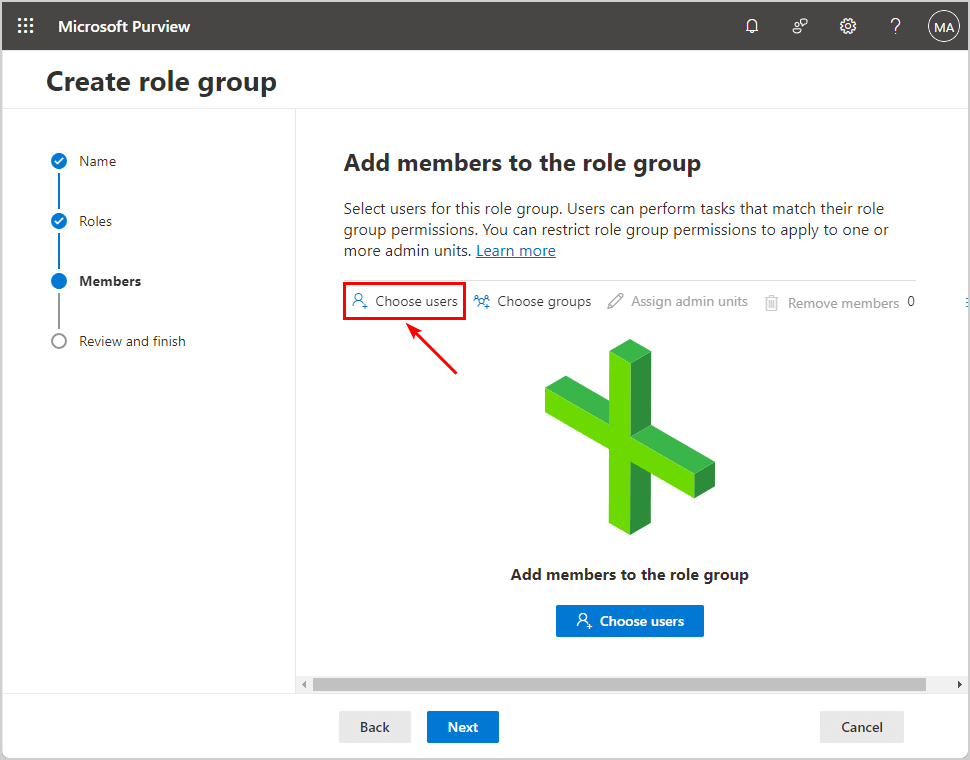 Choose users to role group in Microsoft Purview