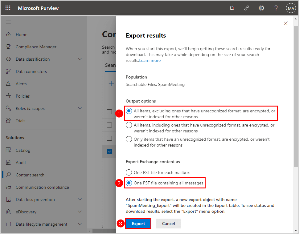 Export all items search results in Microsoft Purview