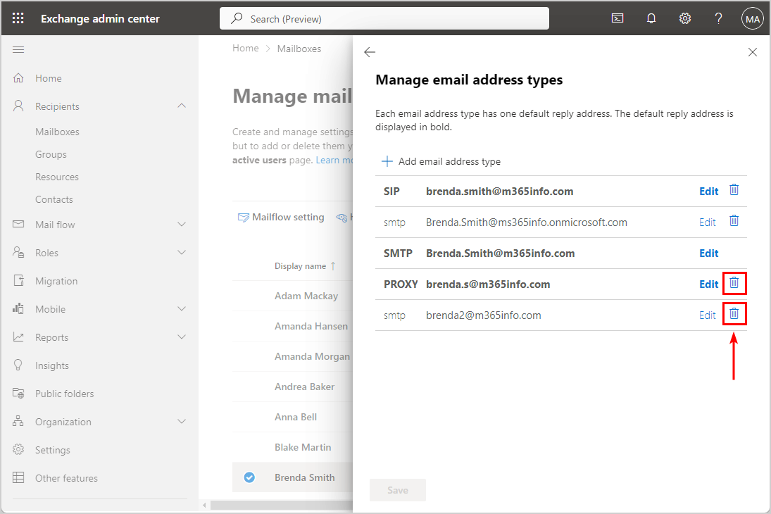 Remove multiple email addresses in PowerShell for single mailbox in Exchange admin center
