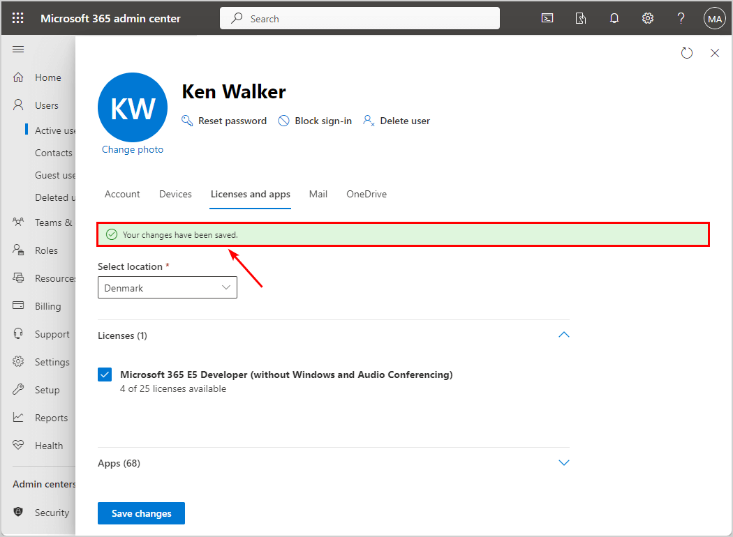 Successfully removed licenses and apps of user mailbox in Microsoft 365 admin center