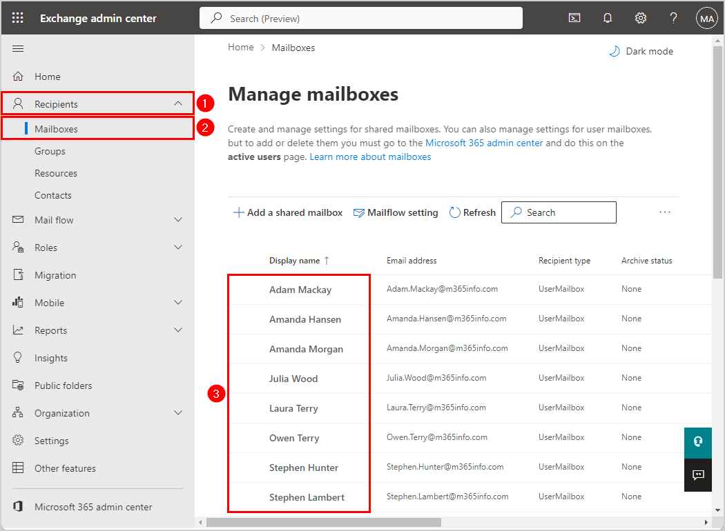 Verify user mailbox is deleted in Exchange admin center