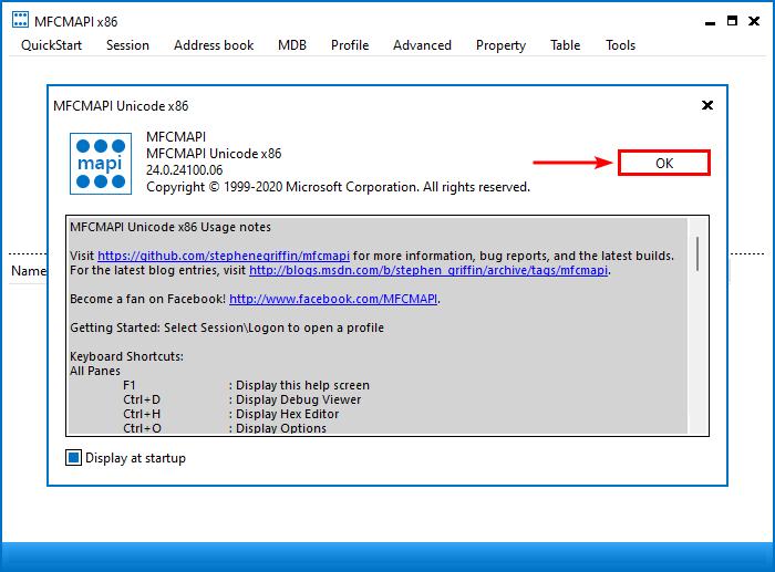 Click OK on the welcome screen of MFCMAPI