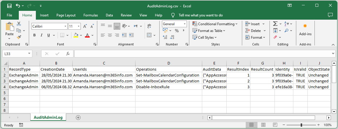 Export specific Microsoft 365 mailbox AuditAdmin log with PowerShell to CSV file