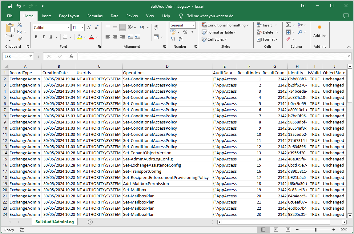 Export all Microsoft 365 mailboxes AuditAdmin log with PowerShell to CSV file