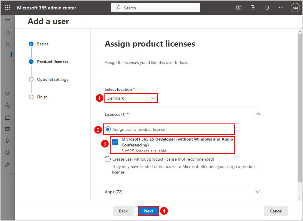 Assign licenses to new user mailbox in Microsoft 365 admin center