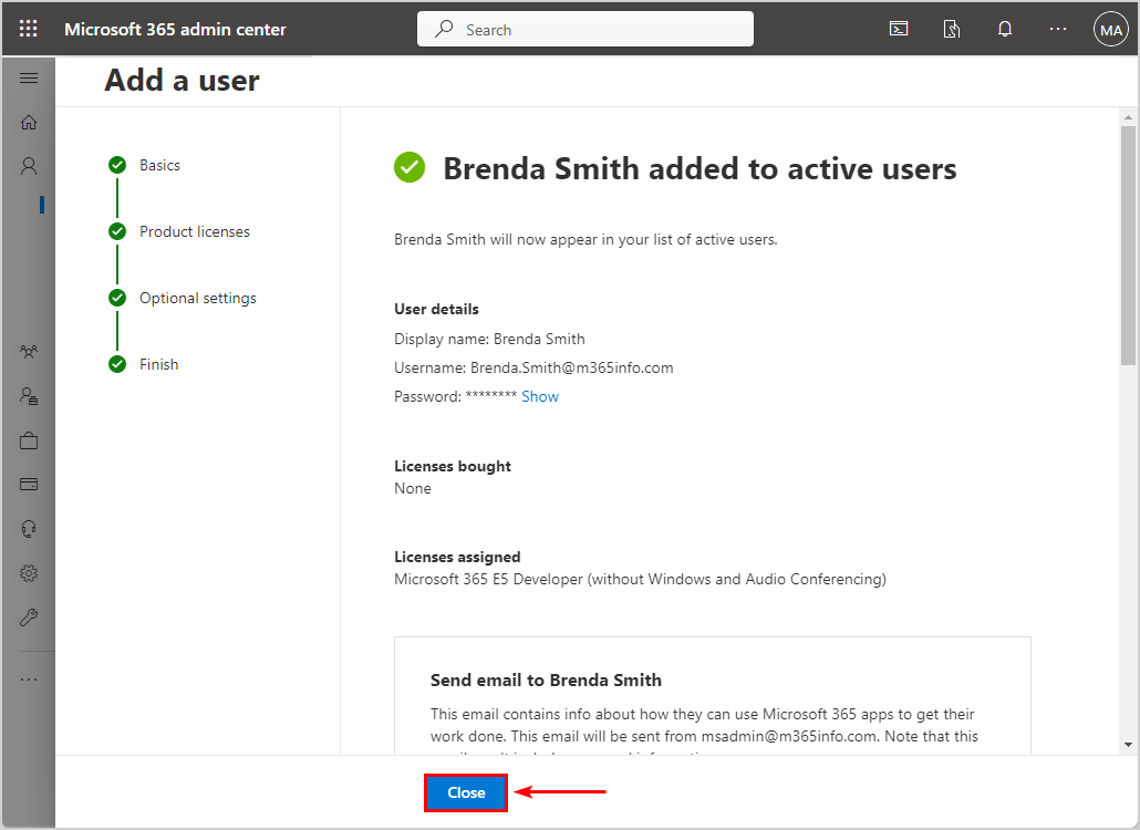 New user will appear in the list of active users in Microsoft 365 admin center