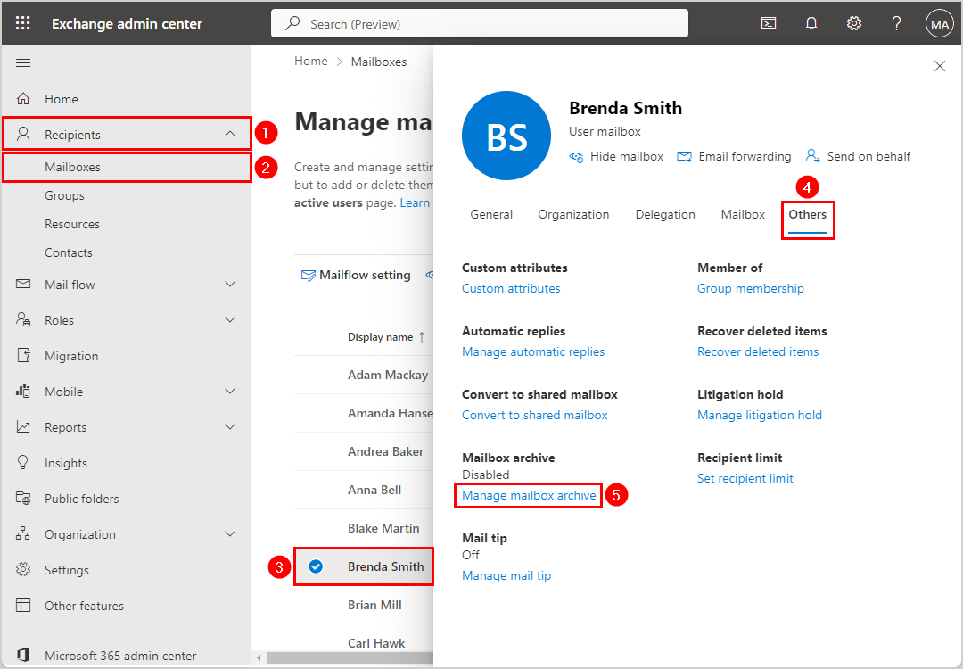 Enable mailbox archive in Exchange admin center