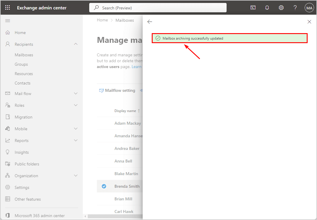 Mailbox archiving successfully updated in Exchange admin center