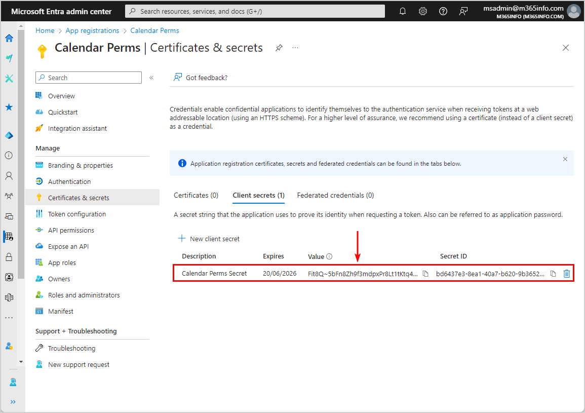 Copy Client Secret Value in Microsoft Entra ID